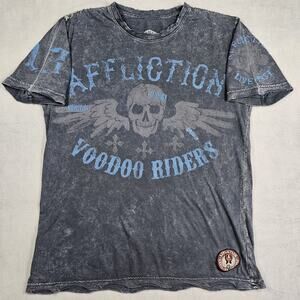 Affliction T-Shirt Mens Medium Voodoo Rider Blue Skull Wings Graphic Distressed